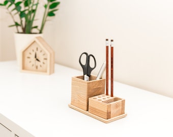 Small Wooden Desk Caddy, Wooden Pencil and Pen Holder, Wood Desk Organizer,  Walnut and Sapele Wood Desk Accessory, Personalized Gift 