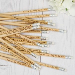 personalized pencils for classroom and party bags, custom laser engraved wooden pencils, natural finish school supplies, perfect for personalized stationery gifts, student rewards, party favors, classroom sets, teacher appreciation gifts, eco-friendly writing tools, rustic pencil set with names, engraved wooden pencil for kids, office, events, and wedding favors.