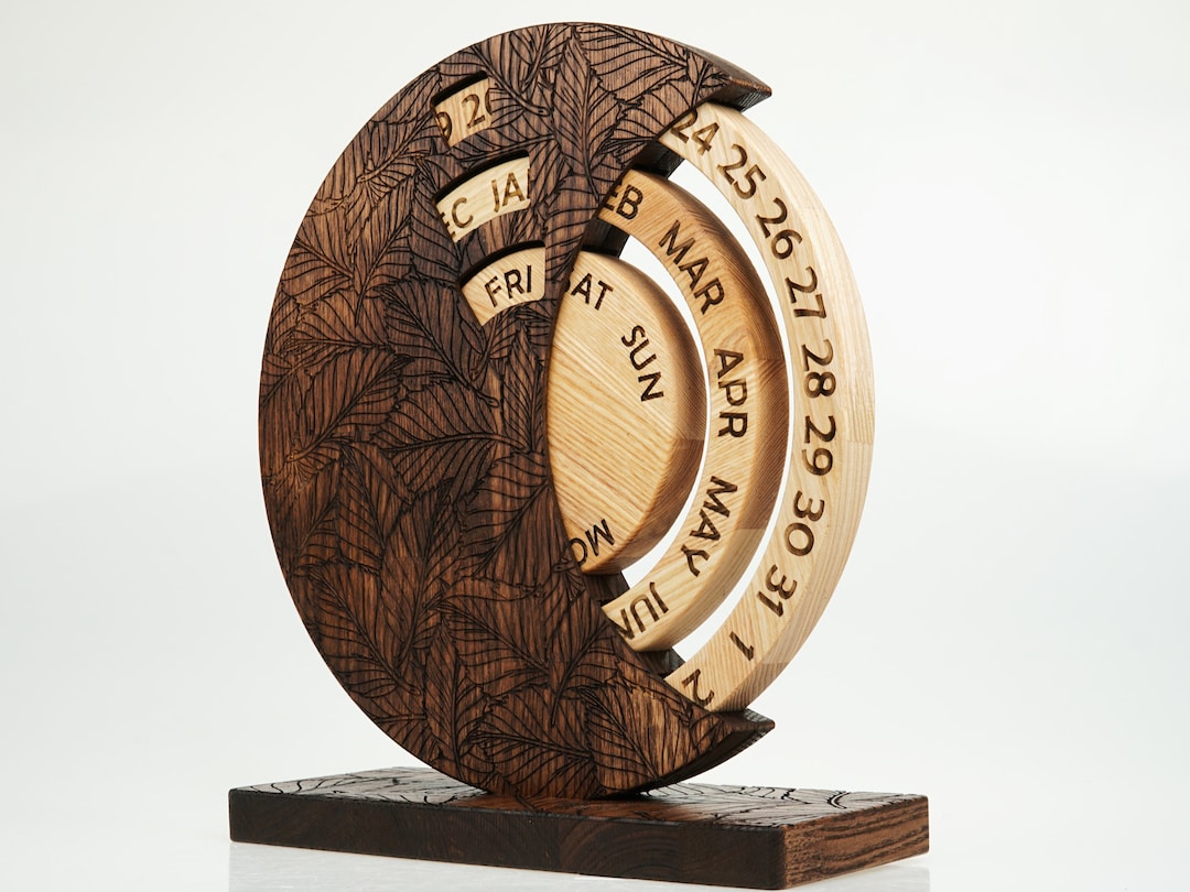 Wooden Perpetual Calendar for Desk, Spin Calendar for Home & Office ...