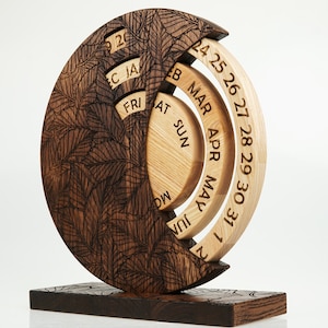 Wooden Perpetual Calendar For Desk, Spin Calendar For Home & Office Décor, Rotatable Moon Disks Calendar, Round Sliding Block Calendar Gift