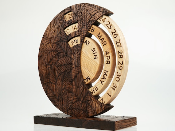Wooden Perpetual Calendar for Desk, Spin Calendar for Home