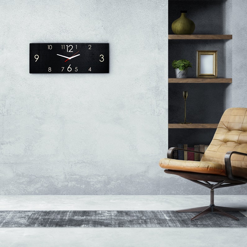 Rectangle Wooden Wall Clock Modern, Mid Century Large Horizontal Wall Hanging Clock, Unique Bedroom Wall Art Decor, Farmhouse Rustic Clock image 4