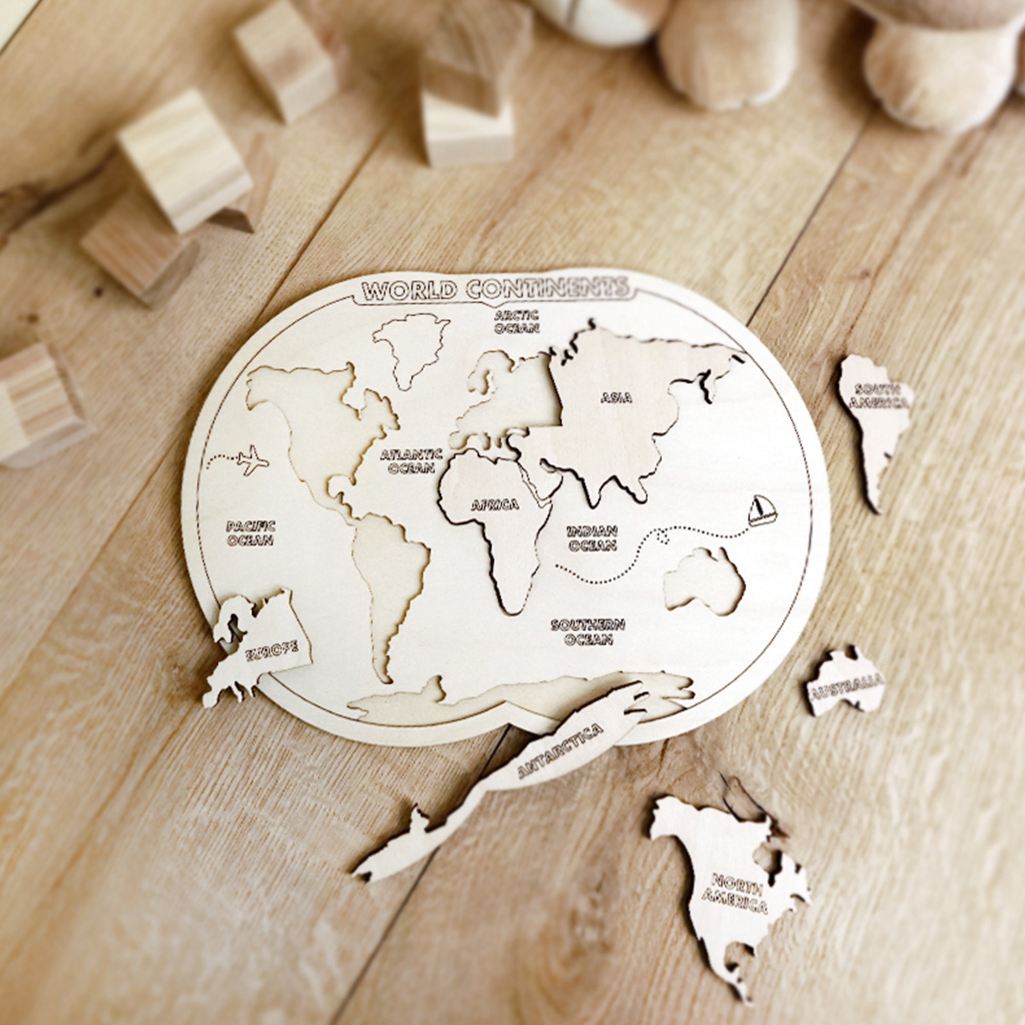 World Map Puzzle, Wooden Map Puzzle for Kids, Handmade Wooden Map Puzzle  With Continents and Oceans, Learning Puzzle 