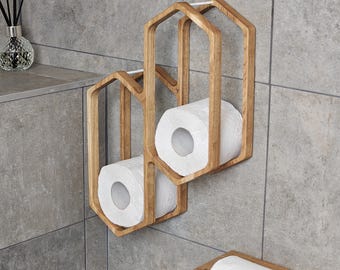 Wall Mounted Toilet Paper Holder Honeycomb, Wooden TP Floating Storage Shelf for Bathroom, Modern Rustic Oak Toilet Roll Storage, Wood