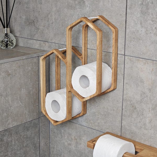 Wall Mounted Toilet Paper Holder Honeycomb, Wooden TP Floating Storage Shelf for Bathroom, Modern Rustic Oak Toilet Roll Storage, Wood