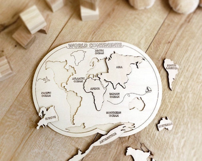 World map wooden puzzle, Montessori toy for boys and girls, Wooden puzzles for toddlers, Montessori materials, Home activities for kids