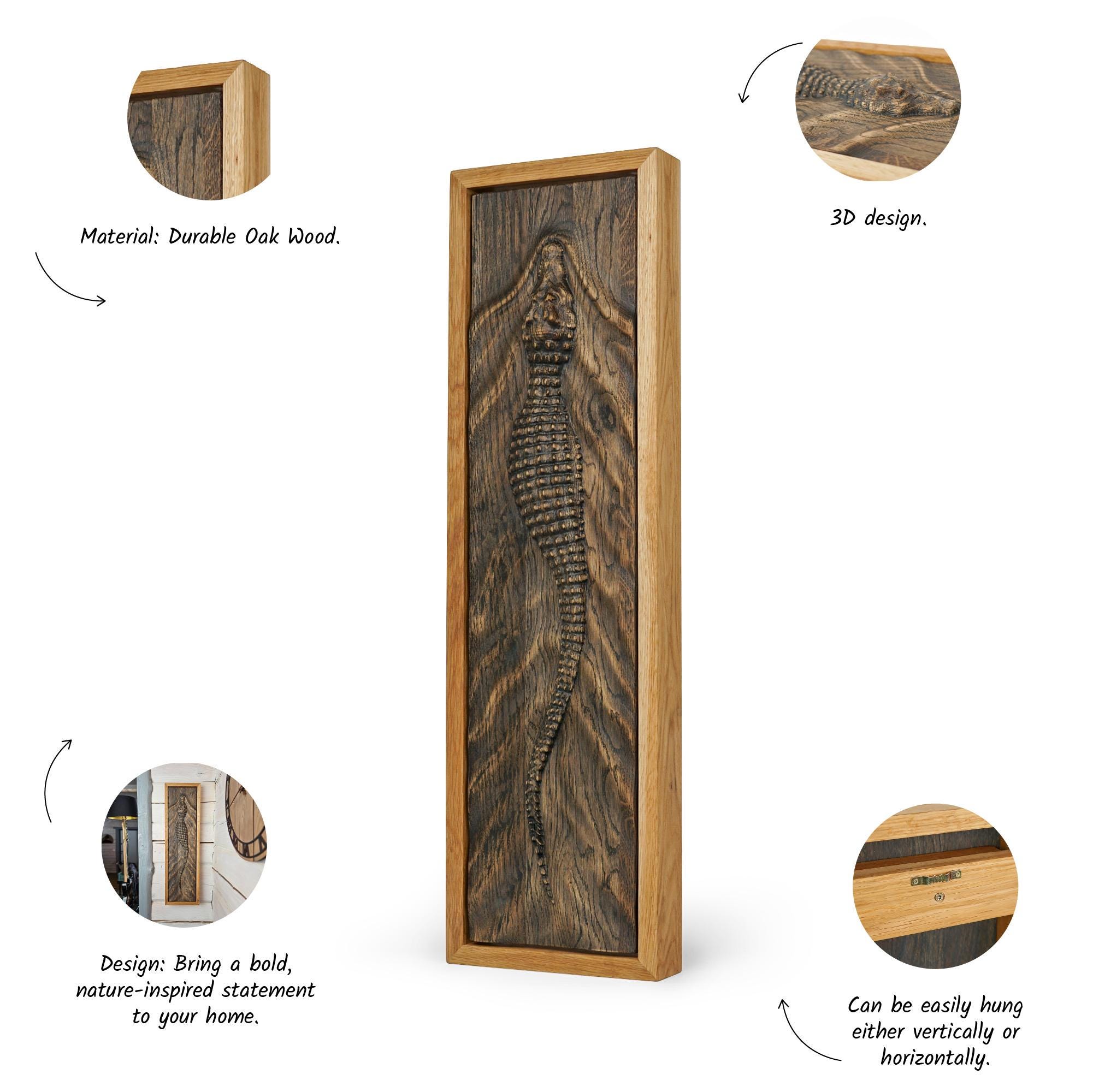 Escultura De Madera De Cocodrilo Grande - Arte De Pared Artesanal Y Grabado Para Sala De Estar