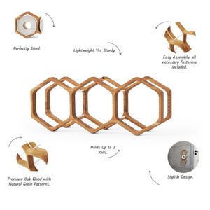 wooden toilet roll holder, wall-mounted tissue rack, hexagon rustic toilet paper storage, farmhouse bathroom wall decor, space-saving TP shelf, honeycomb wall mount toilet holder, modern wooden toilet rack, floating bathroom TP storage, lightweight wood roll holder, bathroom shelf