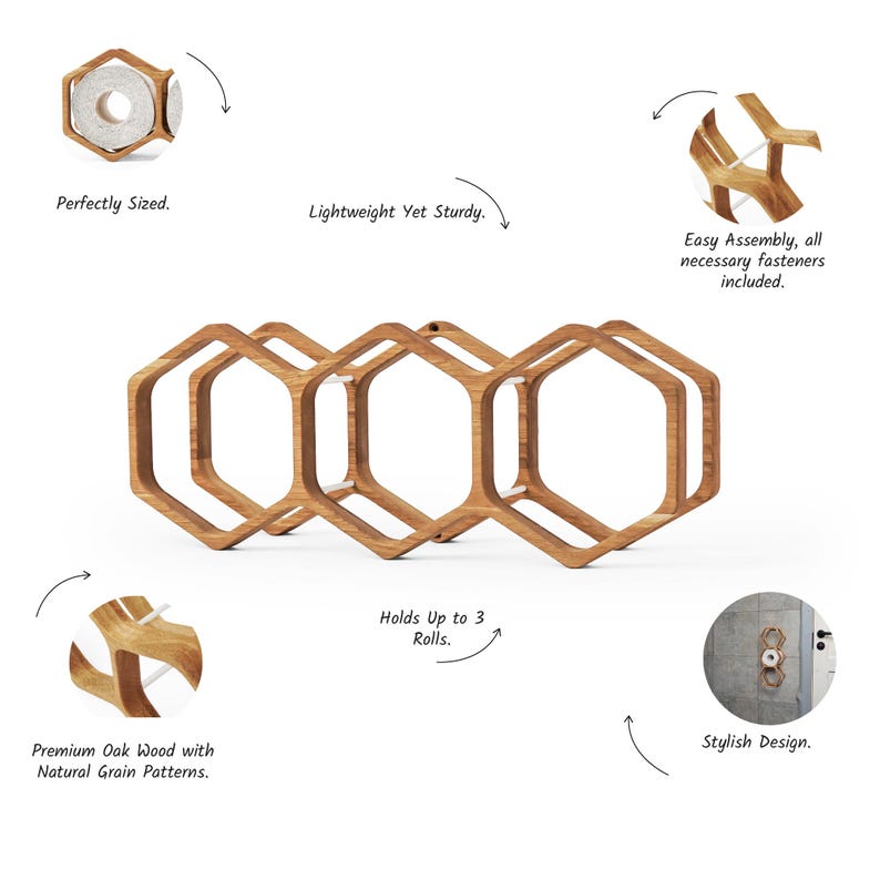 wooden toilet roll holder, wall-mounted tissue rack, hexagon rustic toilet paper storage, farmhouse bathroom wall decor, space-saving TP shelf, honeycomb wall mount toilet holder, modern wooden toilet rack, floating bathroom TP storage, lightweight wood roll holder, bathroom shelf
