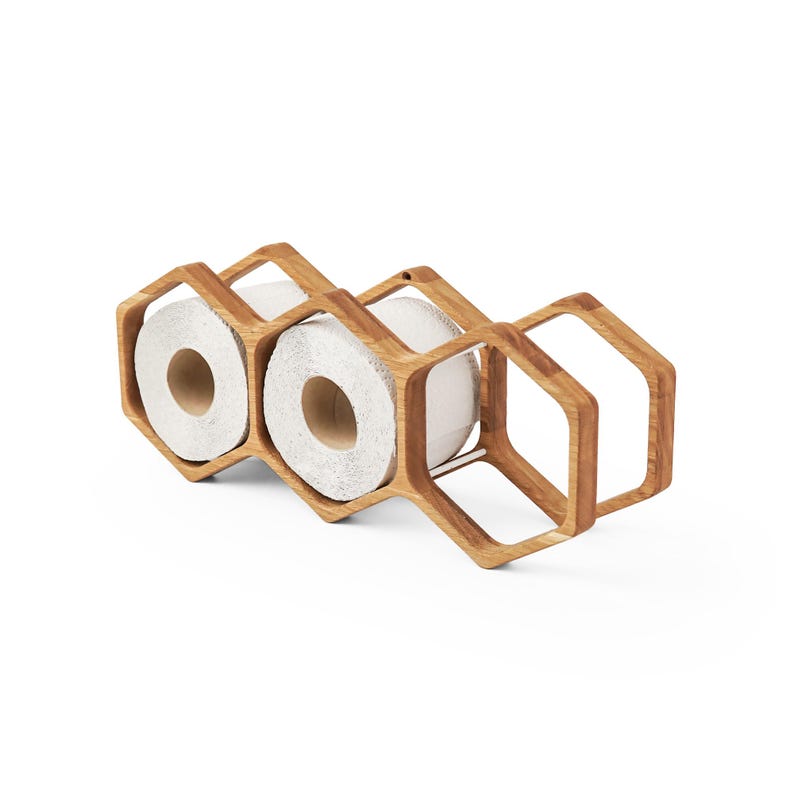 hexagon wood toilet paper holder, toilet roll organizer, bathroom wall decor, rustic toilet storage, hanging TP rack, wooden toilet paper shelf, farmhouse bathroom accessory, space-saving toilet paper rack, wooden wall-mounted bathroom shelf, honeycomb design
