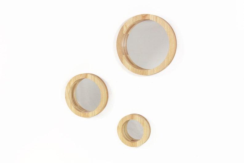 Wall Mirror Set of 3 Mirrors Wood Mirror Round Mirror Wall Etsy
