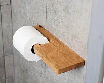 Wooden Toilet Paper Holder with Shelf, Wall Mounted Toilet Roll Holder, Extra Toilet Paper Storage, Oak Tissue Holder for Powder Rooms