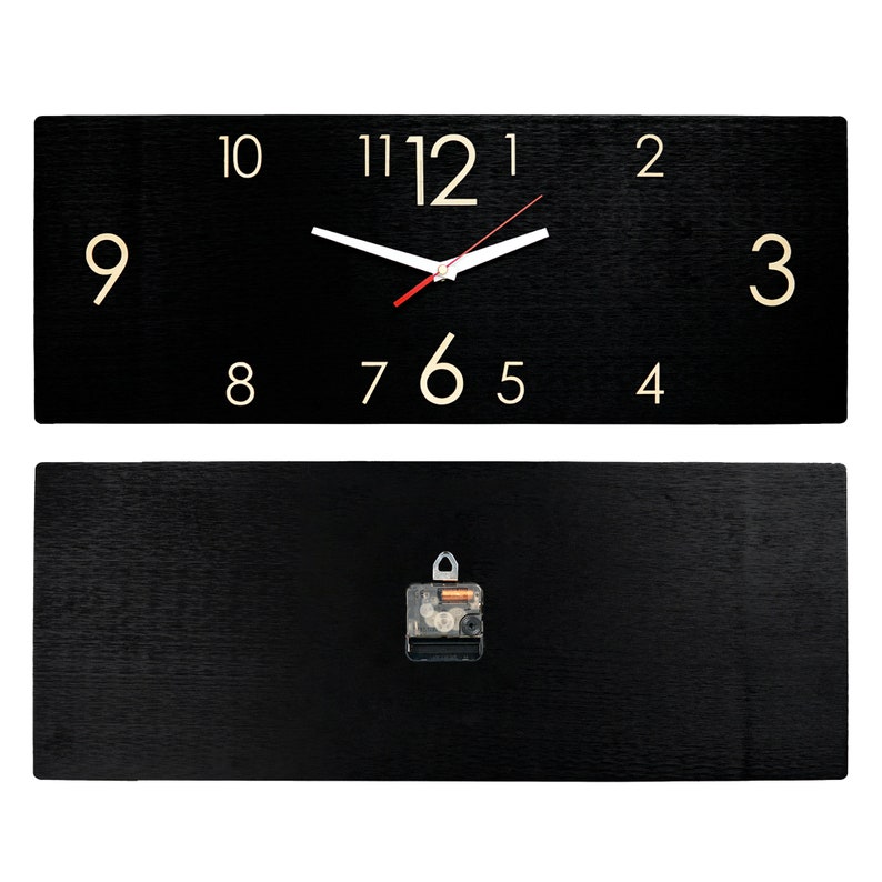 Horloge murale rectangulaire en bois moderne, grande horloge murale horizontale du milieu du siècle, décoration unique d'art mural de chambre à coucher, horloge rustique de ferme image 8