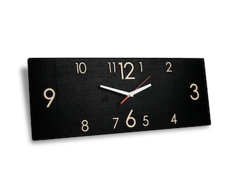 Horloge murale rectangulaire en bois moderne, grande horloge murale horizontale du milieu du siècle, décor d'art mural de chambre unique, horloge rustique de ferme