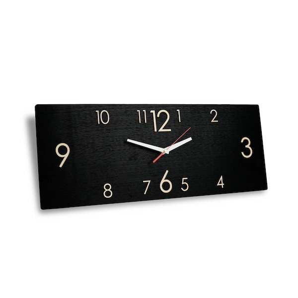 Horloge murale rectangulaire en bois moderne, grande horloge murale horizontale du milieu du siècle, décor d'art mural de chambre unique, horloge rustique de ferme