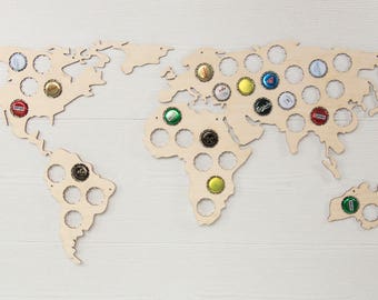 Beer bottle caps map - Beer cap display - Wooden caps holder - Bottle caps holder - Collecting beer caps - Man cave decor - World map