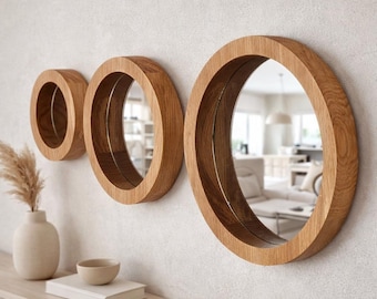 Zestaw 3 okrągłych luster z drewna dębowego, skandynawska minimalistyczna dekoracja ścienna, okrągłe lustro dekoracyjne