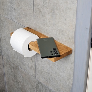 Porte-papier hygiénique avec étagère pour téléphone, Support mural pour rouleau de papier toilette, Porte-papier hygiénique en bois pour salle de bain, Étagères de rangement pour papier toilette