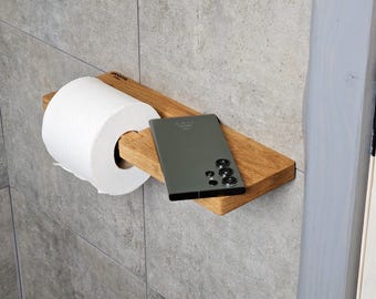 Toilet Paper Holder with Phone Shelf, Wall Mount Toilet Paper Roll Holder, Wood Tissue Holder for Bathroom, Toilet Paper Storage Shelves
