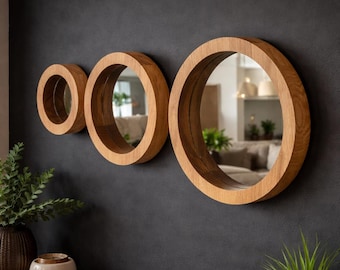Zestaw 3 luster z drewna dębowego, ręcznie robione, rama z naturalnego drewna, unikatowe dekoracyjne lustro z drewna, rustykalny wystrój domu