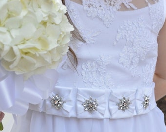 Flower Girl White Satin Rhinestone or First Communion Belt  / rhinestone beaded silver   / White Flat Satin Belt /  / Sparkly Belt / Beads