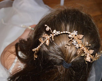 Flower Girl or First Communion Antique Gold Rhinestone Backpiece / Hair Vine/ Clear and Rhinestone Pearl Backpiece /