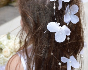 Flower Girl Silver Pearl & Organza Flower Satin Flower Hair Vine / Pearl and Satin Flower Hair Vine / Hair Jewelry / Hair Vine /