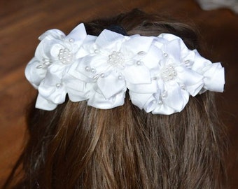 Flower Girl Satin Backpiece / Headpiece / White Satin Headpiece / Backpiece /  Pearl Veil / Flower Veil / Add Veil