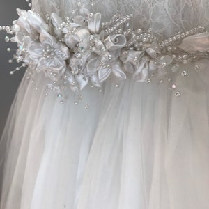 White Satin Flower Rhinestone Pearl sash Applique / Tulle Lace and Flowers / White Satin / Wedding Communion Flower Girl / White Sash image 2