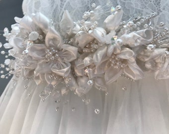 White Satin Flower Rhinestone Pearl sash Applique / Tulle Lace and Flowers / White Satin / Wedding Communion Flower Girl / White Sash