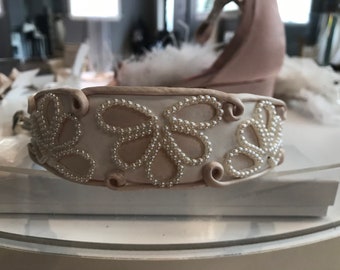 Flower Girl Blush Pink Headband with Pearl Inlay and Satin Ribbon / Exquisite Matte Silk Satin / Gorgeous Blush Pink