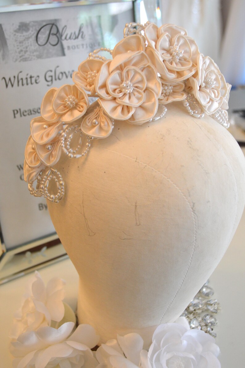 Silk Pearl Flower Crown Ivory Satin Round Flower Pearls Bride Headpiece Wreath Tiara Pearls Juliet Veil Ready Stunning Ivory