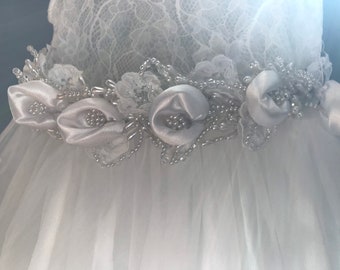 White Satin Flower Rhinestone Pearl sash Applique / Tulle Lace and Flowers / White Satin / Wedding Communion Flower Girl / White Sash