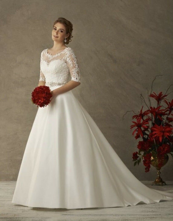 28 Short Sleeve Illusion Top Satin Wedding Dress Satin Etsy
