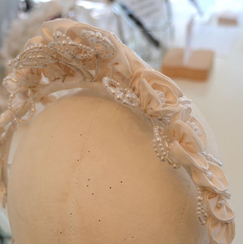 Silk Pearl Flower Crown Ivory Satin Round Flower Pearls Bride Headpiece Wreath Tiara Pearls Juliet Veil Ready Stunning Ivory