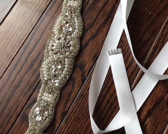 White Satin Rhinestone Sash / rhinestone beaded silver   / White Flat Satin / Sparkly Belt / Pearls