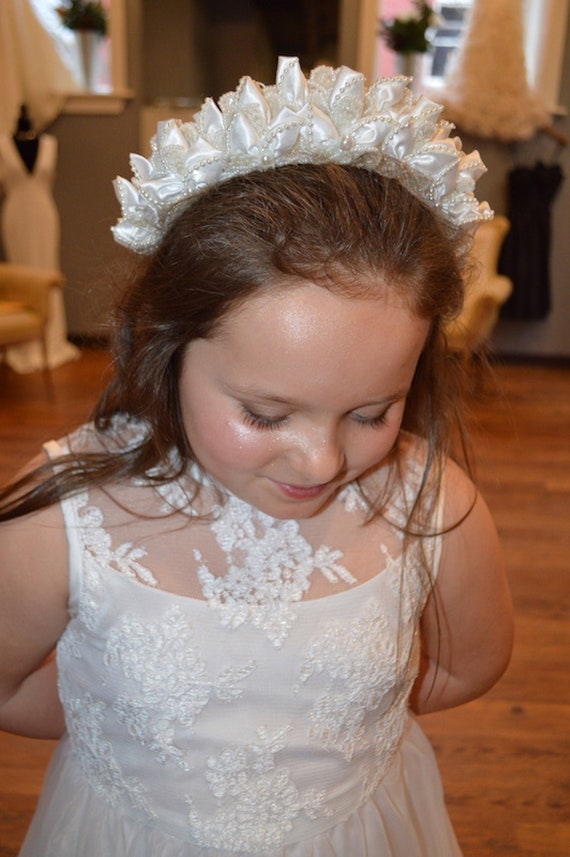 Flower Girl Pearl Flower Headband Tiara Satin Flowers Etsy