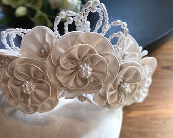 Flower Girl Ivory Silk and Pearl Flower Crown / Ivory Satin / Round Flower Pearls / Headpiece / Wreath / Tiara / Pearls /