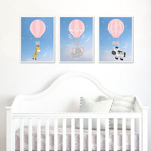 Luftballong, svävande djur, elefant, giraff, zebra, barnrum, väggdekor, väggposter
