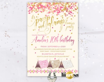 Pamp n Glamp Party Invitation - Personalised - Printable - Digital File - Sleepover - Childrens Birthday- Slumber Party - Pink and Gold