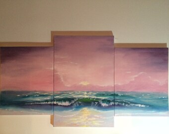 Multi panel painting, seascape sunset, multipanel art, wave sunset painting, oil on canvas