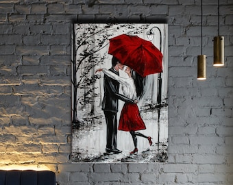Romantic wall art Loving couple with umbrella Kissing in the rain painting on canvas