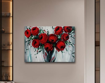 Red roses in vase Oil painting on canvas Roses still life painting Roses wall art