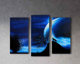 Set of 3 paintings Howling Wolf painting on canvas Living room wall art