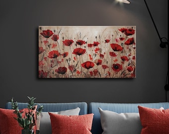 Red Poppy Painting on Canvas, Floral Acrylic Wall Art