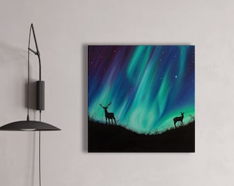 Northern lights art Galaxy painting Aurora Borealis Deer wall decor