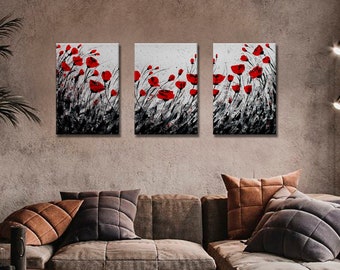 Set of 3 wall art Red poppies acrylic painting on canvas Flowers wall art Romantic gift