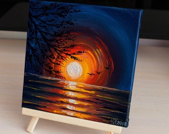 Original Sonnenuntergang Ölgemälde auf Leinwand, Space Art 20x20cm