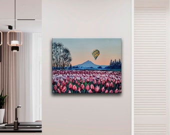 Pink tulip farm in Oregon Mt. Hood wall art Oil painting on canvas