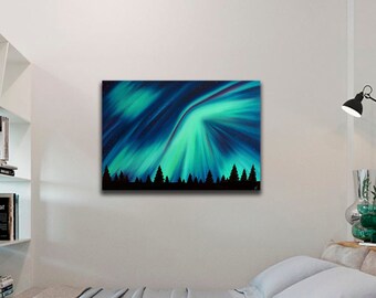 Green aurora borealis Canada Oil painting on canvas Aurora wall art